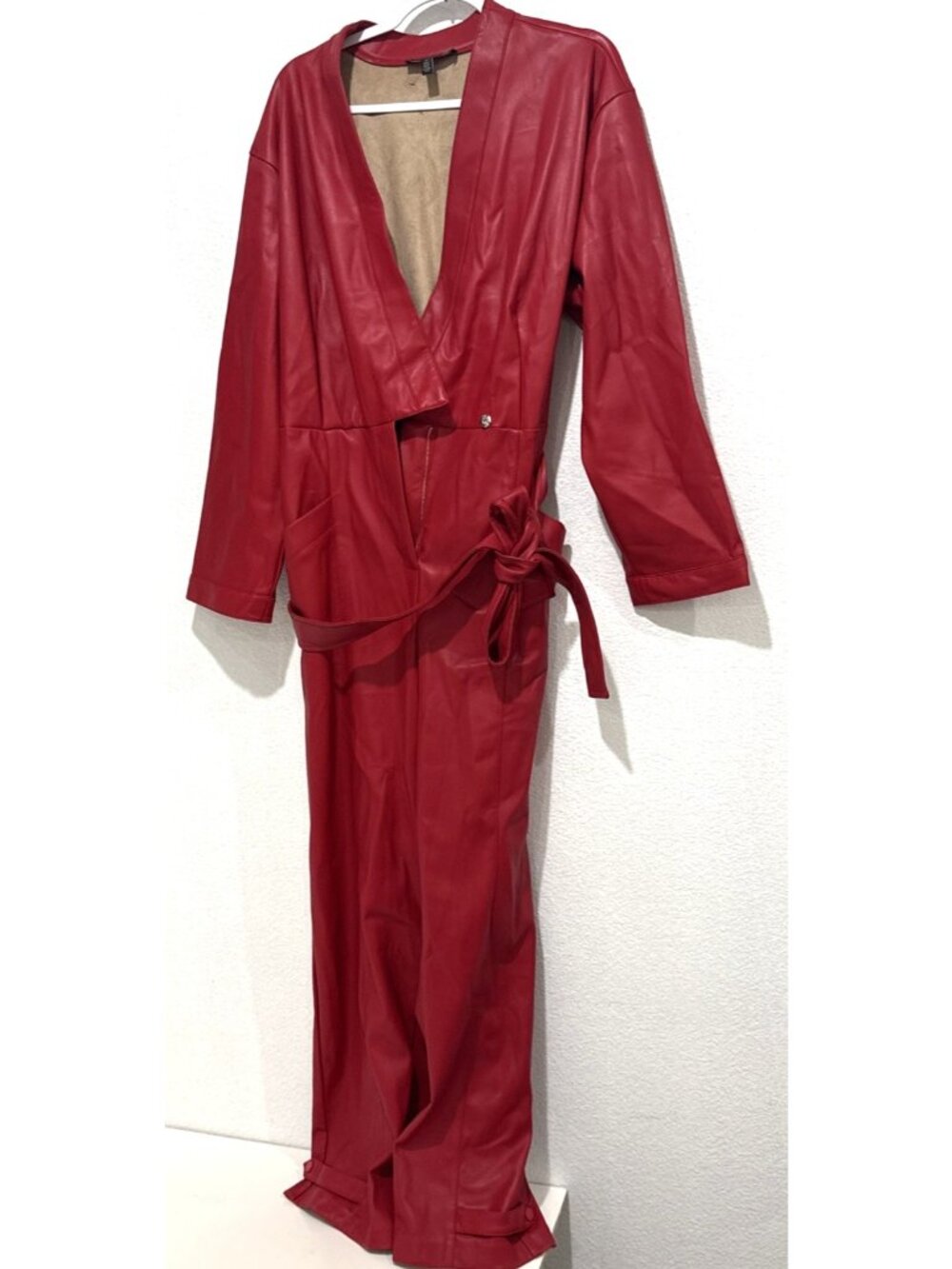 Eloquii Wrap Front Red Faux Leather Tie Waist Jumpsuit Womens Plus Size 18